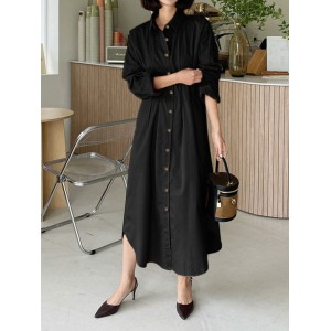 Women Shirt Collared Spliced Buttons Pleated Solid Casual Midi Dresses