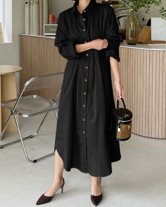 Women Shirt Collared Spliced Buttons Pleated Solid Casual Midi Dresses