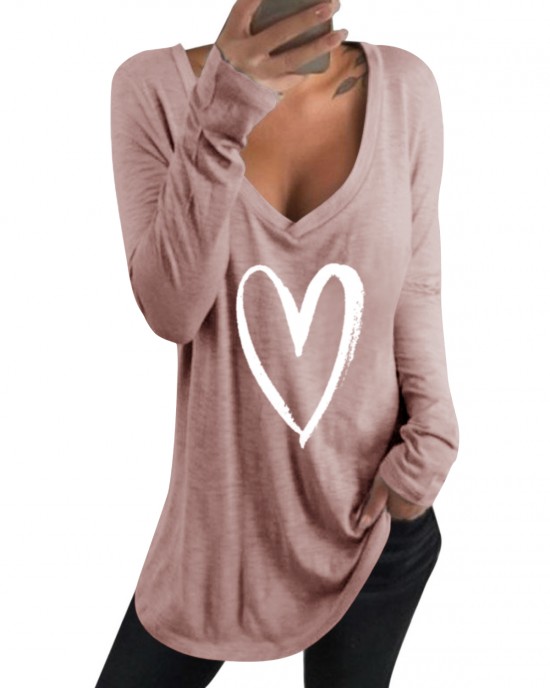 Casual Loose Love Printed V Neck Long Sleeves T  shirts For Women