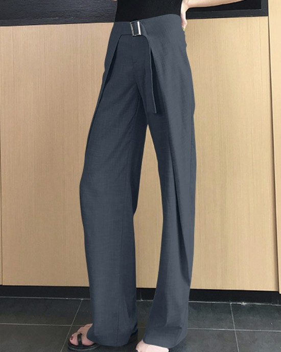 Women Solid Business Zipper Fly High Waist Wide Leg Pants With Buckle