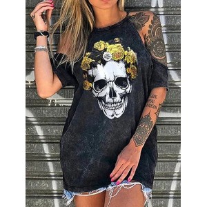 Designer Skeleton Floral Print Casual T  Shirts For Women