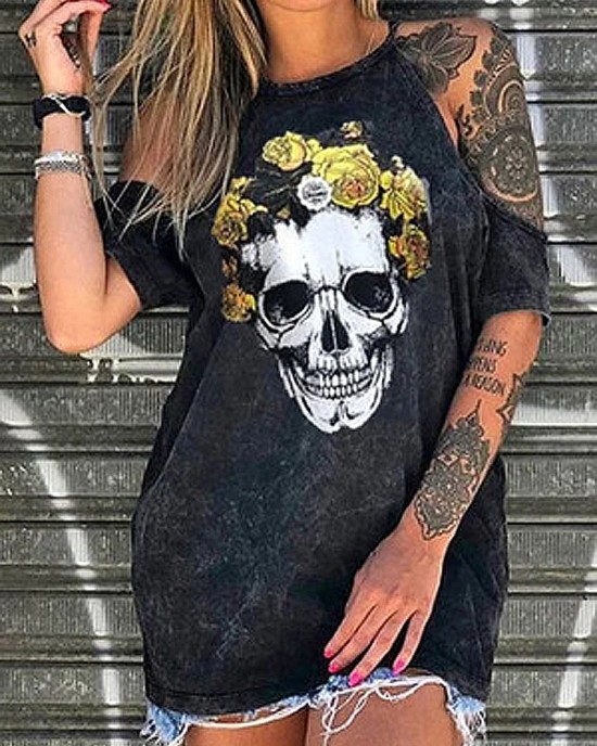 Designer Skeleton Floral Print Casual T  Shirts For Women