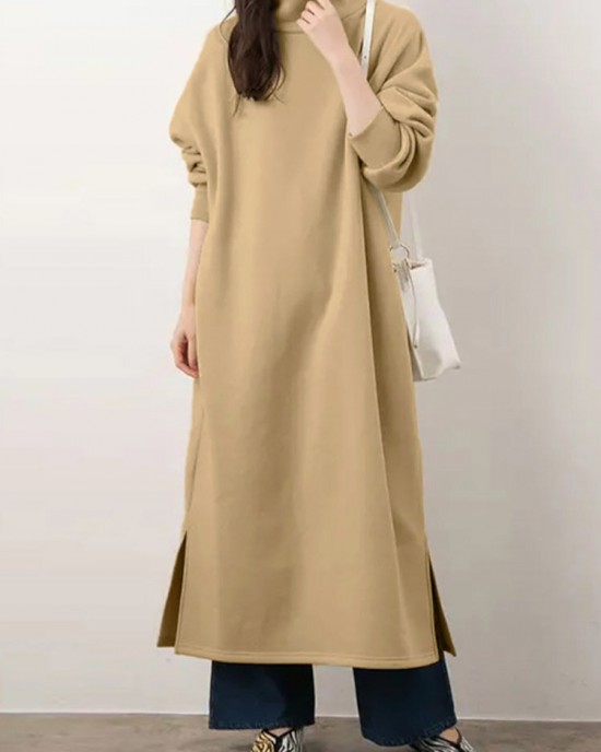 Women Sweatshirt Turtleneck Thick Side Pockets Side Fork Casual Midi Dresses