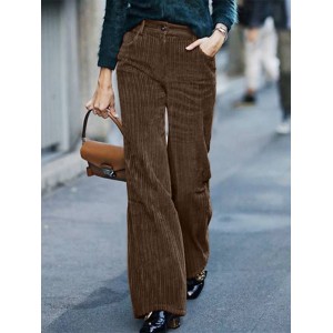 Women Vintage Corduroy High Waist Wide Leg Straight Zipper Pants With Pocket