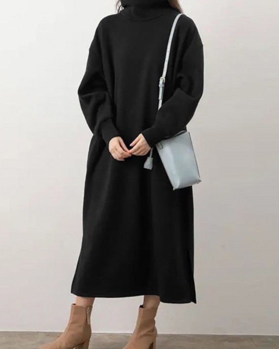 Women Sweatshirt Turtleneck Thick Side Pockets Side Fork Casual Midi Dresses