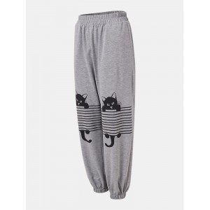 Women Stripe Cartoon Cat Print Elastic Waist Jogger Pants