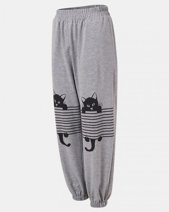 Women Stripe Cartoon Cat Print Elastic Waist Jogger Pants