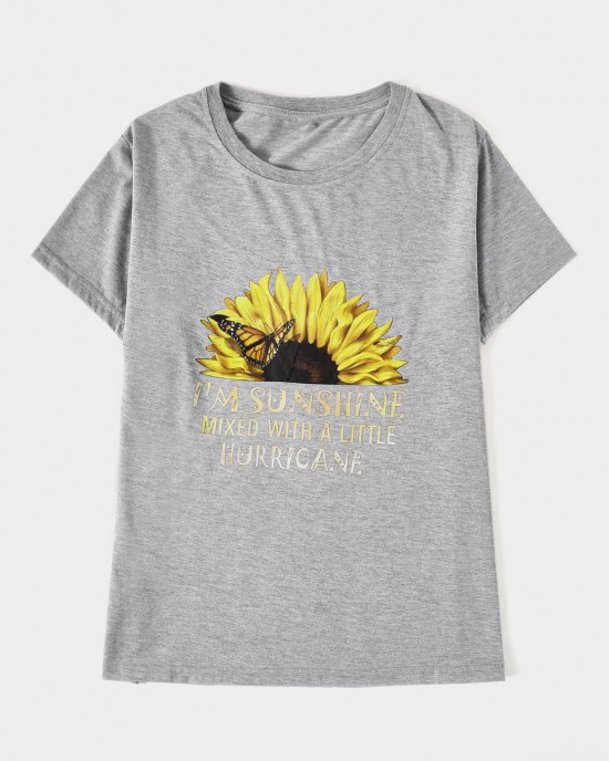 Casual Sunflower Butterfly Letter Print Round Neck Short sleeves T  shirts For Women