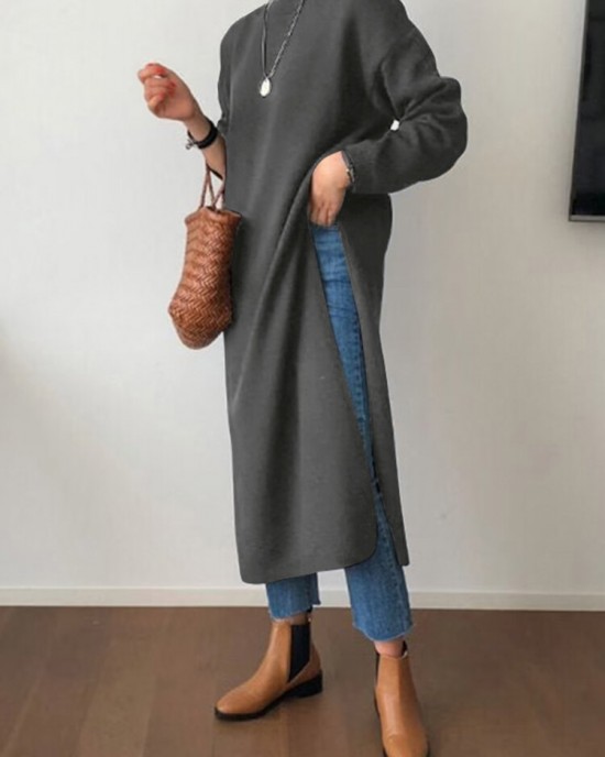 Women Side Fork Sweatshirt O  Neck Calf Length Solid Midi Dresses