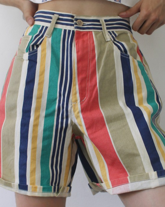 Striped denim shorts with loose rolled edge A-line hot pants HF2903-02-01