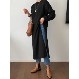 Women Side Fork Sweatshirt O  Neck Calf Length Solid Midi Dresses