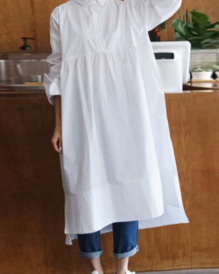 Women Shirt Long Sleeve Collared Calf Length Front Buttons Midi Dresses