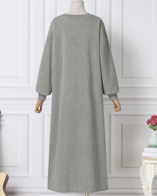 Women Sweatshirt Solid Side Pockets Maxi Length Casual Midi Dresses