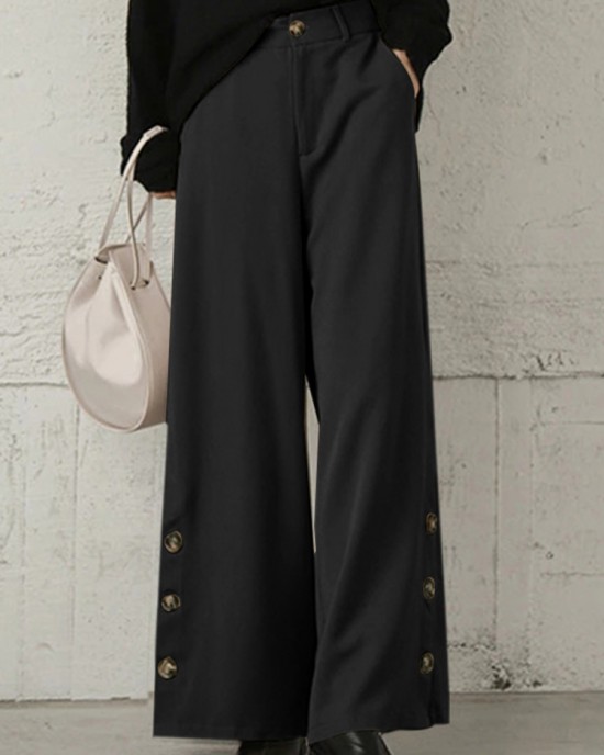 Women Pure Color Side Button Elastic Waist Casual Wide Leg Pants With Pocket