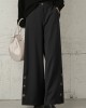 Women Pure Color Side Button Elastic Waist Casual Wide Leg Pants With Pocket