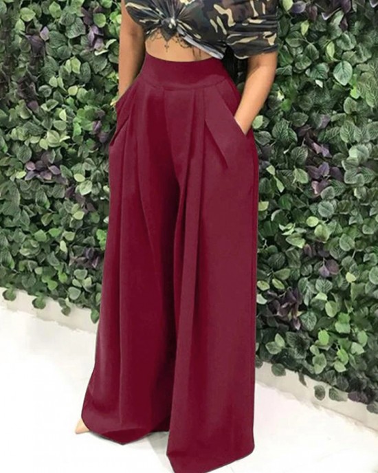 Women Pure Color High Elastic Waist Simple Wide Leg Pants With Pocket