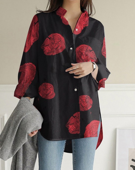 100  Cotton Women Floral Print Chest Pocket Lapel Long Sleeve Shirts