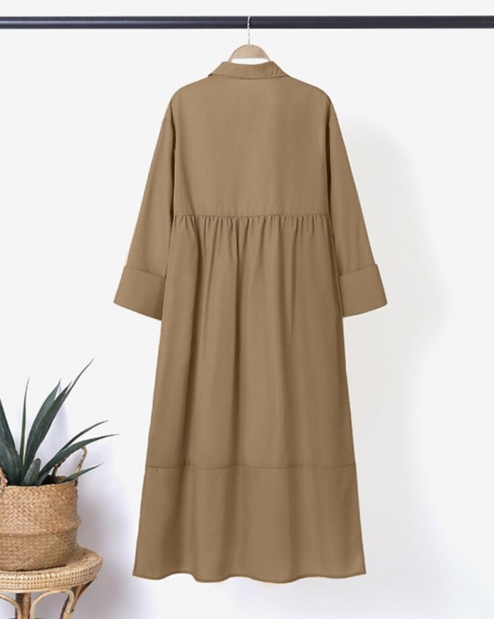 Women Shirt Long Sleeve Collared Calf Length Front Buttons Midi Dresses