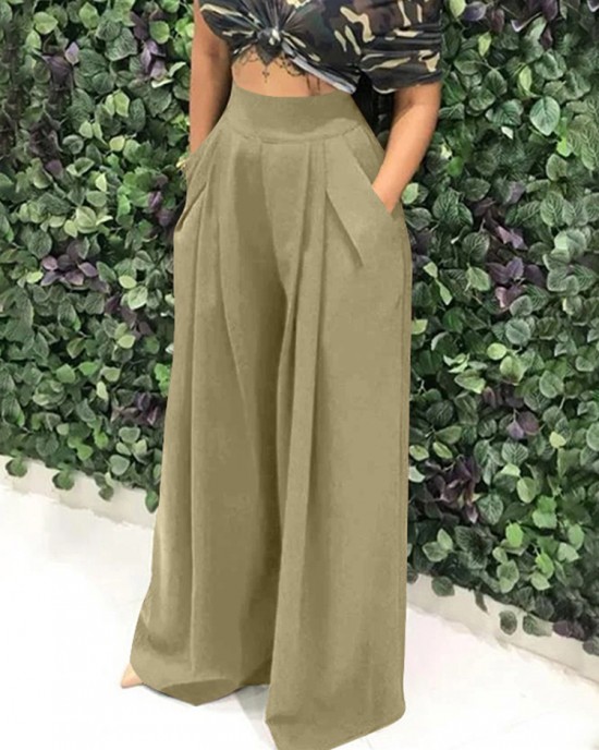 Women Pure Color High Elastic Waist Simple Wide Leg Pants With Pocket