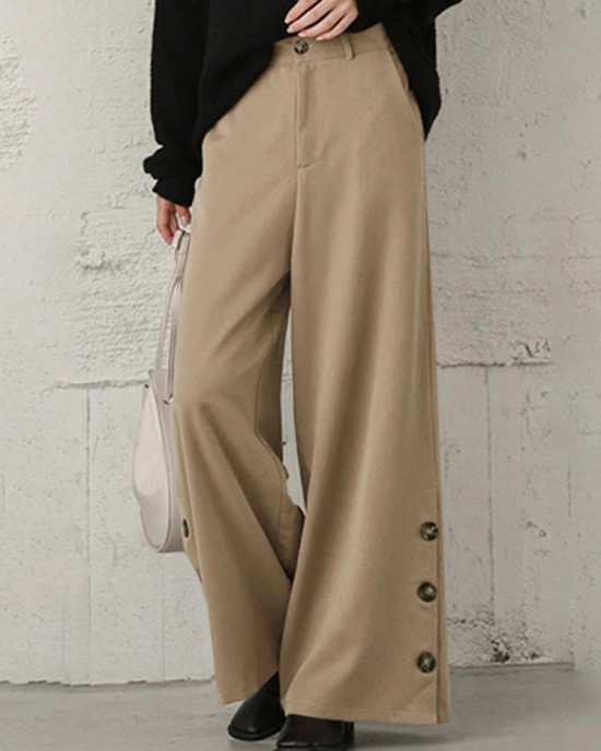 Women Pure Color Side Button Elastic Waist Casual Wide Leg Pants With Pocket