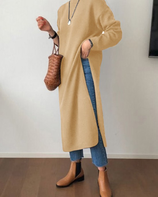 Women Side Fork Sweatshirt O  Neck Calf Length Solid Midi Dresses