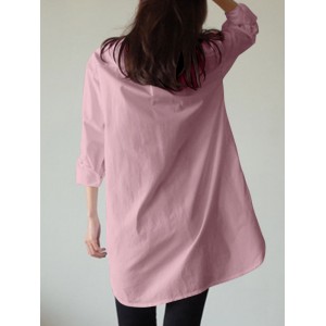 Women Shirt Solid Color Cuff Buttons Long Sleeve Casual Midi Dresses