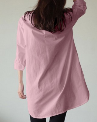 Women Shirt Solid Color Cuff Buttons Long Sleeve Casual Midi Dresses