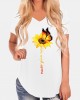 Casual Loose Butterfly Sunflower Print V  neck Irregular Hem T  shirts