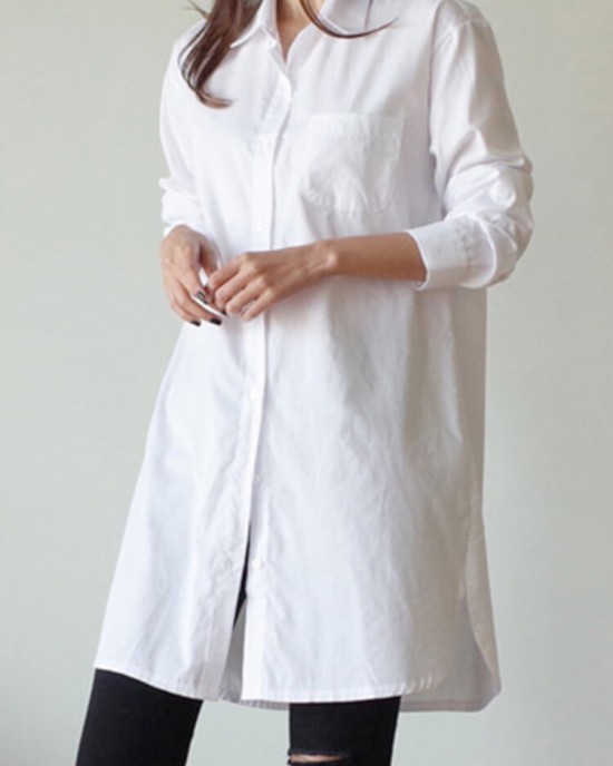 Women Shirt Solid Color Cuff Buttons Long Sleeve Casual Midi Dresses