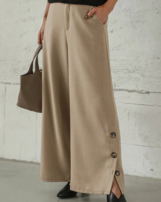 Women Pure Color Side Button Elastic Waist Casual Wide Leg Pants With Pocket