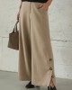 Women Pure Color Side Button Elastic Waist Casual Wide Leg Pants With Pocket