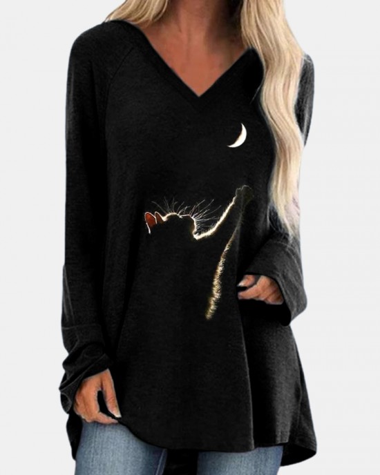 Cat Print Long Sleeves V  neck High Low Hem Casual T  shirt For Women