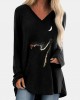 Cat Print Long Sleeves V  neck High Low Hem Casual T  shirt For Women