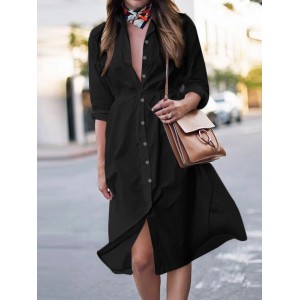 Women Shirt Solid Color Lace up Cuff Buttons Long Sleeve Casual Midi Dresses