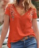 Floral Embroidery V  Neck Short Sleeve Casual T  Shirts For Women