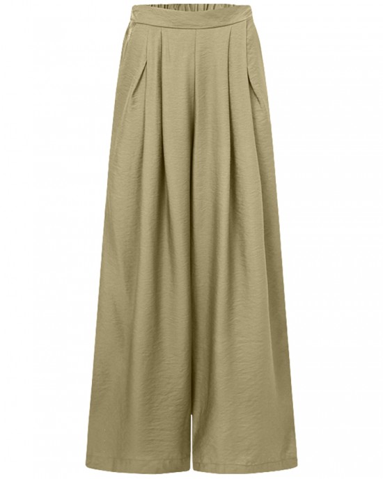 Women Pure Color High Elastic Waist Simple Wide Leg Pants With Pocket