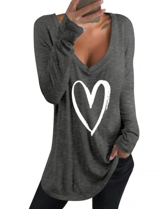 Casual Loose Love Printed V Neck Long Sleeves T  shirts For Women