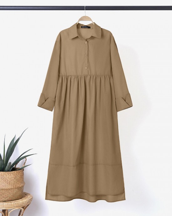 Women Shirt Long Sleeve Collared Calf Length Front Buttons Midi Dresses