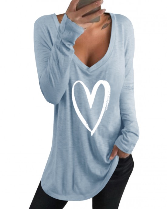 Casual Loose Love Printed V Neck Long Sleeves T  shirts For Women