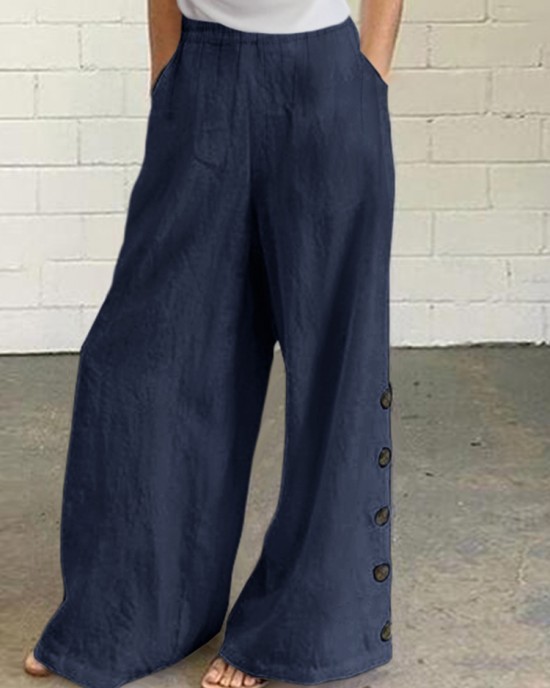 Women Cotton Solid Color Button Side Pocket Elastic Waist Wide Leg Pants