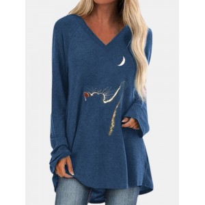 Cat Print Long Sleeves V  neck High Low Hem Casual T  shirt For Women