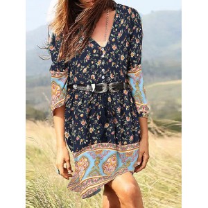 Bohemian Floral Print Tie Button V  neck Mini Dress