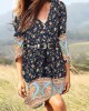 Bohemian Floral Print Tie Button V  neck Mini Dress