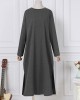 Women Side Fork Sweatshirt O  Neck Calf Length Solid Midi Dresses