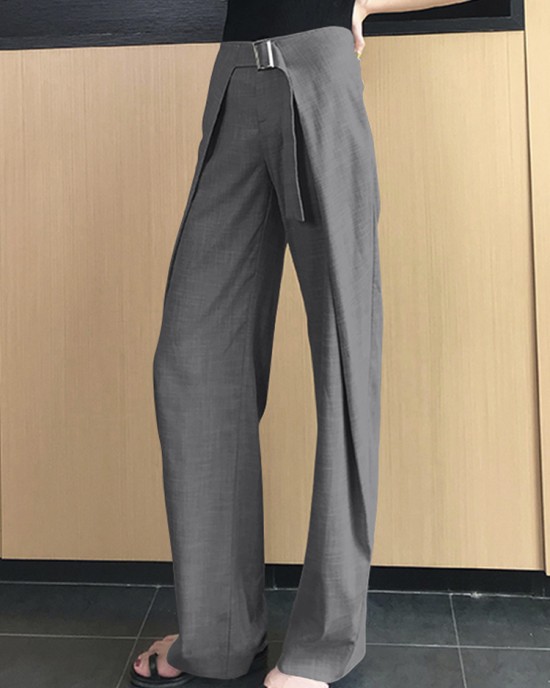 Women Solid Business Zipper Fly High Waist Wide Leg Pants With Buckle