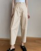 Women Solid Color Pleated Cotton Casual Cropped Pants With Pocket