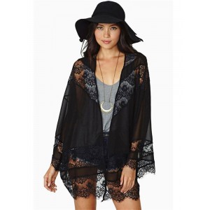 Women Hollow Lace Splicing Chiffon Kimono Cardigan Shawl