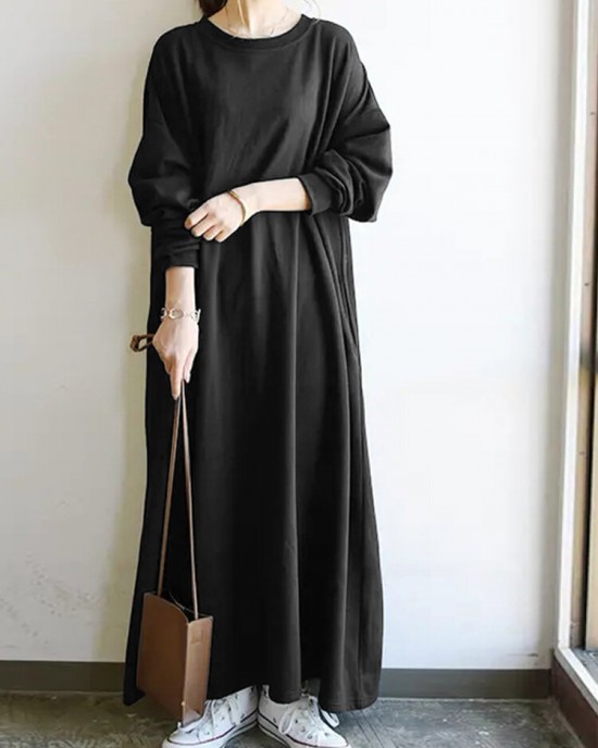 Women Sweatshirt Solid Side Pockets Maxi Length Casual Midi Dresses