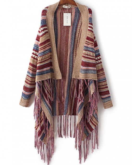 Ethnic Women Colorful Striped Long Sleeve Tassel Sweater Cardigan