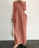 Women Side Pockets Pleated Solid Maxi Length O  Neck Midi Dresses